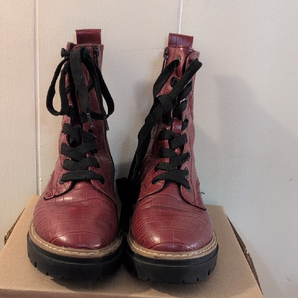 Sun + Stone Shoes - Sun + Stone Maroon Croc-Embossed Combat Boots